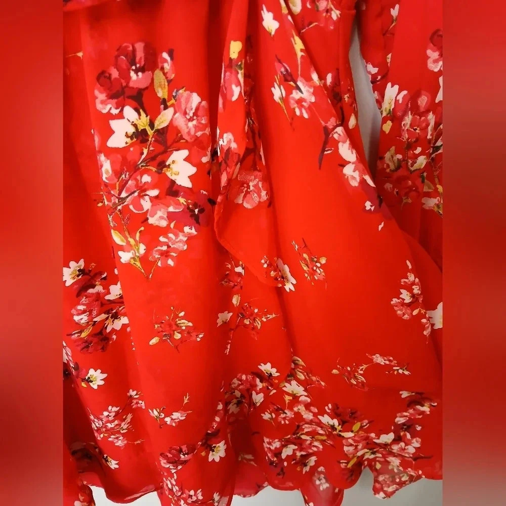 DIVIDED Floral Ruffle Midi Dress Womens Size 10 Flirty Faux Wrap - Picture 5 of 11